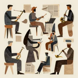 A collage of a jazz band, mid-century modern, made of random shapes cut from magazines and newspapers, abstracted block shapes, earth tones