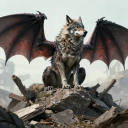 a wolf dragon hybrid sitting atop a pile of ruin