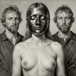The waist-high portrait of beautiful woman with closed eyes in steel full-face occult mask by Ilya Repin, William Blake, Michelangelo da Caravaggio and Beksinski, symmetrical features, grisaille, highly detailed oil painting, 4k, masterpiece