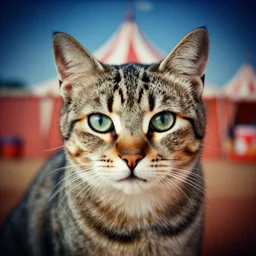 a cat portrait, lomo, double exposure with circus, vignetting, light leaks, analog film
