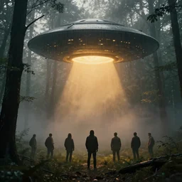 UFO in forest, Artstation, Confident, fog, rain, volumetric lighting, beautiful, golden hour, sharp focus, ultra detailed, cgsociety by Leesha Hannigan, Ross Tran, Thierry Doizon, Kai Carpenter, Ignacio Fernández Ríos, noir art house, 4k, 35mm, fujifilm