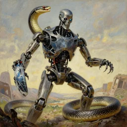 landscape, realistic portrait beautiful painting from scene in terminator robot merged in anaconda fighting movie scene, hyperdetailed retrofuturism created by thomas kinkade and gustave courbet, fine draw, high detailed, fine lighting, smooth draw, no anomaly.