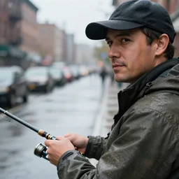 closeup portrait of a man fishing in a rainy new york street, photography, natural light