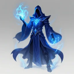 arcanis the omnipotent, blue glowing hooded sorcerer faceless figure, lightning spells, mtg art, justin sweet
