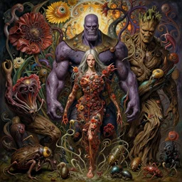 the platonic ideal of flowers, rot and insects of cletus kasady ultimate carnage thanos dementor doctor manhattan chtulu nazgul groot, detailed, intricate, hyperrealism, intense, scary, decay, dmt, art by brock hofer and artgerm and greg rutkowski and alphonse mucha
