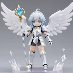 nendoroid of holy knight, highly detailed, white and light magic, gem staff, white wings