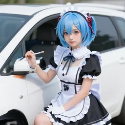 asian girl with blue hair cosplaying as a car wearing a maid outfit painting cartoon anime