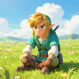 A photo of Link from Zelda sitting in a field on a sunny day with clouds in the sky, he is angry