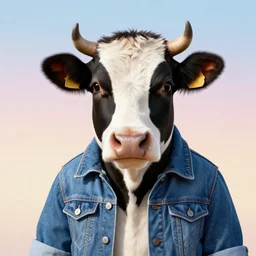 full head photo portrait of a cute cow made of jeans jacket, medium shot, super realistic, crisp details, sharp, detailed, intricate, volumetric lights, cinematic, pastel gradient background, shot with hasselblad, octane render