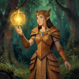 beautiful earthen sorceress wearing wooden armor in wooded forest casting spell comic style by greg rutkowski painting