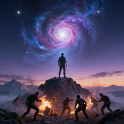 close up artwork of a man channeling the cosmos on top of a mountain, a battle rages on below him, digital art, trending on artstation, 4k, dusk