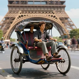 a detailed rickshaw driving through paris, an epic fantasy, wide shot, ultra realistic, detailed, ( ( depth of field ) ), crisp details, sharp details, photorealism, colorful, cinematic, trending on artstation, masterpiece, by greg rutkowski, studio ghibli, by ross tran, by fenghua zhong, octane, soft render