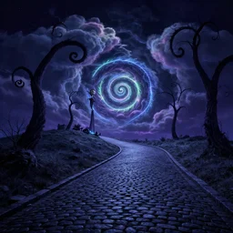 neon light, night dark, curled perspective digital art of spiral clouds cobblestone street in top of a hill with curly palmtrees by anton fadeev from nightmare before christmas, lorax movie