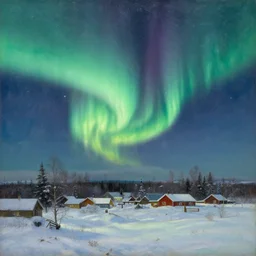 aurora borealis above the snowed in fields and villages of lapland, finland in the style of hudson river school of art, oil on canvas
