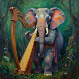 full body, abstract painting in lush fantasy environment of a humanoid elephant with makeup on all his body and dressed like a bard, he is holding a harp, face in focus, epic, trending on artstation, masterpiece, cinematic lighting, by ross tran and by greg rutkowski
