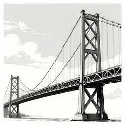 steel suspension bridge built in 1 9 2 8, side view, clouds in background, woodcut style,