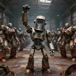 a realistic crazy robot wearing a welding helmet, welding helmet head, one fist raised high in triumph, raised fist, standing in front of hundreds of large robots inside a huge rusty dingy warehouse, huge army of robots, raygun gothic, atomic punk, digital art, detailed render