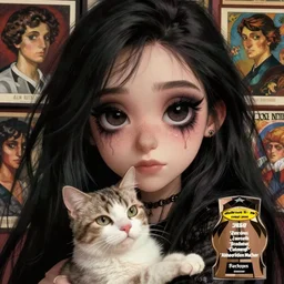 cute emo german woman, with long dark hair, thick eyebrows!!! dark eyes and dark circles!, wide nose!!!, big eyes, oval face shape, big cheeks!, she is holding a cat in her arms, by juan villafuerte, greg rutkowski and alphonse mucha, pexels contest winner, high quality photo, hd rtx