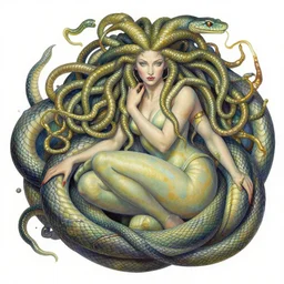 painting of a beautiful rendition of the mythical medusa curled up majestically inside her snake body, illustration, artistic, colorful, hyper detailed, in the style of greg rutkowski,