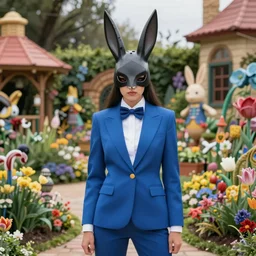 a super model wearing a blue suit and a bunny mask, looking feminine and fierce , in the middle of a colorful garden, Alice in wonderland theme, detailed, cinematic lighting, photo in the style of Annie Leibovitz and David lachapelle and Steve meiele