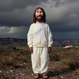 jesus in virgil abloh nike hoodie and track pants by nicola samori, jean jacket, off - white style