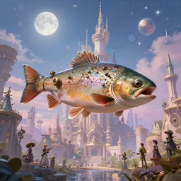 stunning fantasy scene of a steampunk trout | highly detailed | very intricate | disney | otoh gunga city | otoh gunga city | dramatic romantic epic breathtaking whimsical magical | bokeh moon stars | professional cinematic lighting | award - winning | painted by marc simonetti and anton fadeev and paul lehr and rhads and alena aenami | pastel color palette | featured on artstation