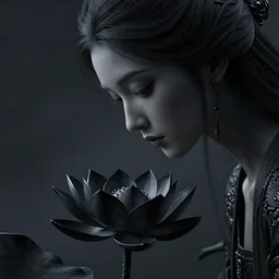 a beautiful and hyperdetailed illustration of a woman looking down at a black lotus flower, centered in frame, viewed in profile, art nuovo, ultrawide lens, 8 k, volumetric lighting, cinematic, find detail, cell shaded, intricate detail, octane render, art by chris rahn and greg rutkowski and adam paquette