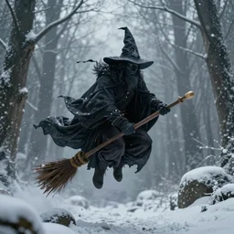 wizard, dark, flying on the broom, front view, trees, snowing, artstation