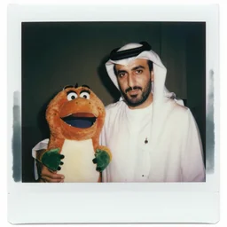 polaroid photo of osama bin laden ( al qaida ) with barney the dinosaur ( pbs tv show )