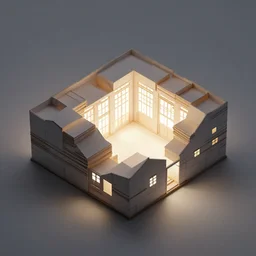 architectural model, isometric view, studio lighting, low contrast, brightly lit studio, highly detailed, stacked boxes, large windows, courtyard, gable