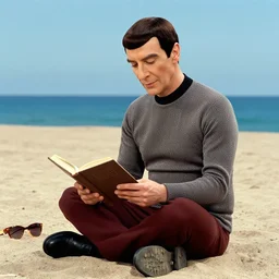 Spock sitting on the beach, reading a book