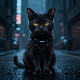 a cyberpunk cat in a dark street, digital art, artstation, high quality, sharp, by greg rutkowski, by artgerm