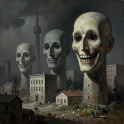 soft focus deep shadows dystopian surreal painting of eerie grinning head statues and buildings by zdzisław beksinski