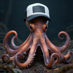 hyperrealistic dslr film still of anthropomorphous cephalopod wearing trucker hat, stunning 8 k octane comprehensive 3 d render, inspired by istvan sandorfi & greg rutkowski & unreal engine, perfect symmetry, dim volumetric cinematic lighting, extremely hyper - detailed, extremely lifelike attributes & lifelike texture, intricate, masterpiece, artstation, stunning