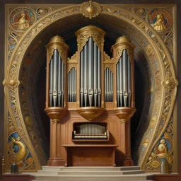 painting of a pipe organ in front of a dimensional portal, decorated, intricate, dieselpunk, digital painting, artstation, concept art, smooth, sharp focus, illustration, art by artgerm and greg rutkowski and alphonse mucha, 8 k