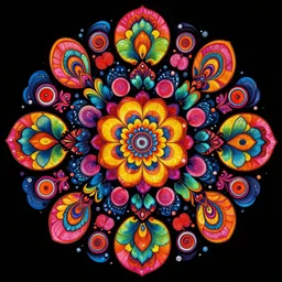 symmetry centered colorful mandala consisting of flowers, black background, spirals and circles