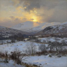a beautiful oil painting of a Scottish Highland winter landscape, evening light, by Albert Bierstadt, beautiful light, detailed, dramatic