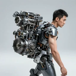 a man with engines growing out of his back, man engine, man and machine, mech