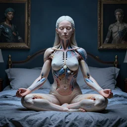 girl meditating on the bed in her room, in the style of dariusz zawadzki, solarpunk, exact anatomy, atmospheric, clean, intricate and epic composition, dark by caravaggio, insanely quality, highly detailed, masterpiece, blue light, artstation, 4 k