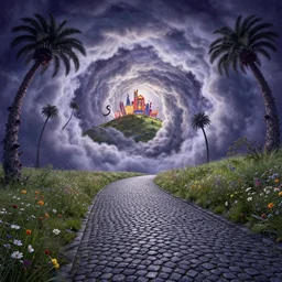 curled perspective digital art of spiral clouds cobblestone street with wildflowers to a casino in top of a hill with curly palmtrees by anton fadeev from nightmare before christmas