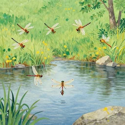 dragonfly swarm dancing in the calm summer air above a peaceful stream. hand - painted collage cut paper. by eric carle