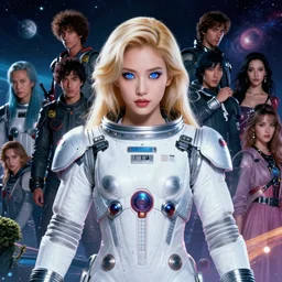 studio portrait of an absurdly beautiful japanese female goddess with blonde hair and glowing royal blue eyes in luxurious space suit in a scenic multiversal environment by james jean, amano yoshitaka, marc simonetti, jean giraud, martine johanna, josan gonzalez