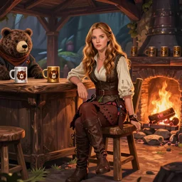 kate beckinsale weared as rogue, sit in fantasy tavern near fireplace, behind bar deck with bear mugs, medieval dnd, colorfull digital fantasy art, 4k
