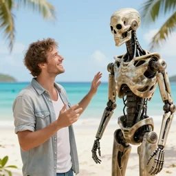 happy man in paradise, talking to an terminator exoskeleton, photorealistc, hd, detailed
