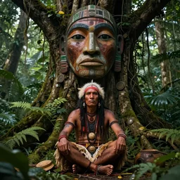 a shaman sitting in the jungle, with giant face of an ancestor in a tree behind him, hyper detailed, art by christophe vacher