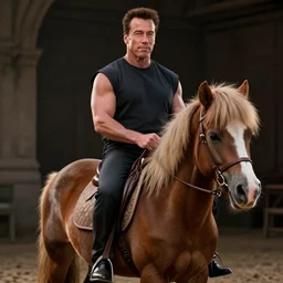 hyperrealistic dslr film still of arnold schwarzenegger on a mini pony, stunning 8 k octane comprehensive 3 d render, inspired by istvan sandorfi & greg rutkowski & unreal engine, perfect symmetry, dim volumetric cinematic lighting, extremely hyper - detailed, incredibly real lifelike attributes & texture, intricate, masterpiece, artstation, 8 k 8 5 mm f 1. 4