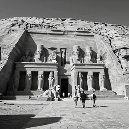 black and white photo of explorers finding egypt's famous shiba inu temple