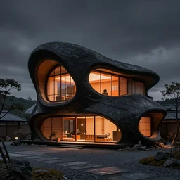 photo of the generative design exterior of a futuristic organic japanese house, dramatic lighting, black and orange colour palette, wide angle shot, archviz