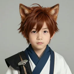 beautiful portrait of a realistic 1 6 years old male fantasy character with little cat ears wearing a japanese traditional outfit, mid - short hairs, dark brown redhead, some freckles, cute, miqote, final fantasy xiv