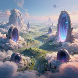 a psychedelic realm with rolling plains made out of clouds, and giant portals scattered throughout that lead into the multiverse, in the style of wlop, illustration, epic, fantasy, hyper detailed, smooth, unreal engine, sharp focus, ray tracing